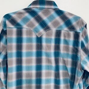 Rock & Roll men’s long sleeve button-down shirt, plaid blue grey white black